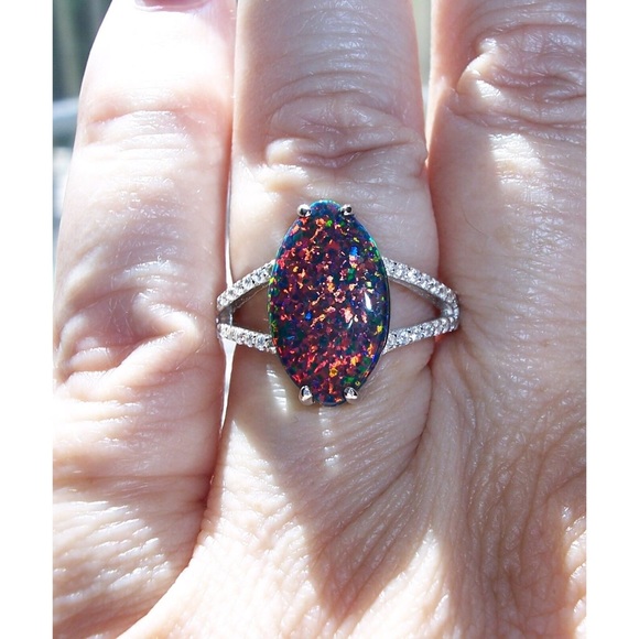 925 STERLING SILVER Lab Created Black Opal CZ Ring - Picture 8 of 16